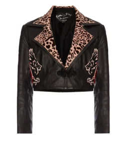 Momma's Blues Dragon Black Leather Appliqué Jacket With Leopard Print Lapels