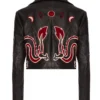 Momma's Blues Dragon Black Leather Appliqué Jacket With Leopard Print Lapels
