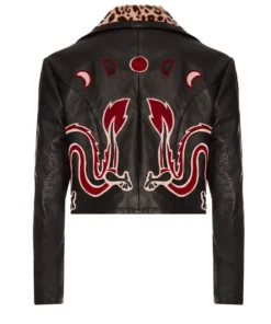 Momma's Blues Dragon Black Leather Appliqué Jacket With Leopard Print Lapels