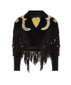 Momma's Blues Egyptian Cat Black Leather Suede Jacket With Fringing And Pony Beads