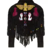 Momma's Blues Egyptian Cat Black Leather Suede Jacket With Fringing And Pony Beads