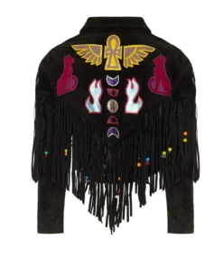 Momma's Blues Egyptian Cat Black Leather Suede Jacket With Fringing And Pony Beads