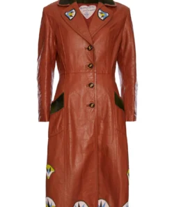 Momma's Blues Chestnut Brown Long Leather Coat With Lotus Flowers