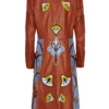 Momma's Blues Chestnut Brown Long Leather Coat With Lotus Flowers