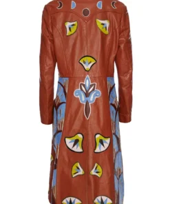 Momma's Blues Chestnut Brown Long Leather Coat With Lotus Flowers