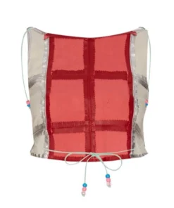 Momma's Blues Cropped Striped Leather Top With Blue String Ties And Pony Beads