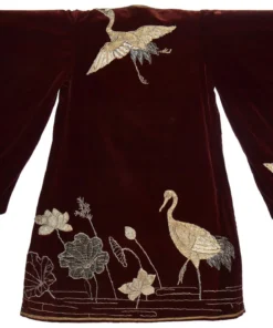 Annie's Archive 1910 Burgundy Velvet Robe Kimono With Embroidered Cranes And Lily Pads