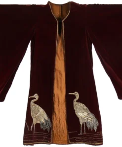 Annie's Archive 1910 Burgundy Velvet Robe Kimono With Embroidered Cranes And Lily Pads