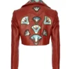 Momma's Blues Chestnut Brown Leather Cropped Jacket With Lotus Flowers