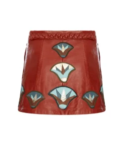 Momma's Blues Chestnut Brown Leather Mini Skirt With Lotus Flowers