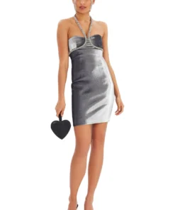 Area Silver Crystal Rope Halter Dress