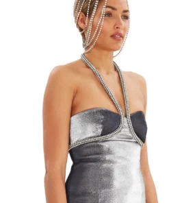 Area Silver Crystal Rope Halter Dress