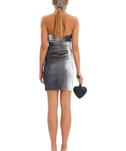 Area Silver Crystal Rope Halter Dress