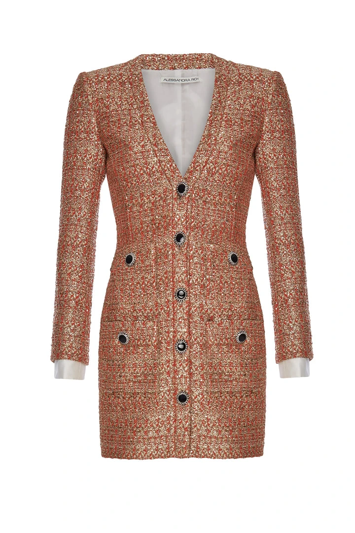 Alessandra Rich Mini Orange Tweed Sequin Dress 3 Alessandra Rich Mini Orange Tweed Sequin Dress