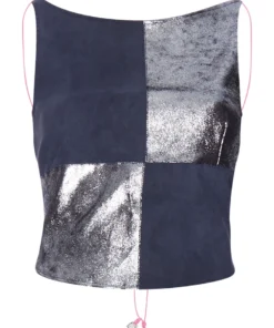 Momma's Blues Checked Suede Leather Top With Pink String Ties And Heart Charms