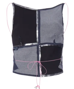 Momma's Blues Checked Suede Leather Top With Pink String Ties And Heart Charms