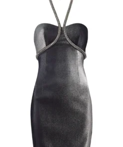 Area Silver Crystal Rope Halter Dress