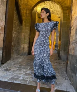 De La Vali Apolonia Black And White Feather Print Ruffled Maxi Dress