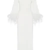 De La Vali Gloria White Feathered Maxi Dress