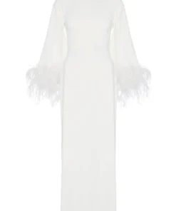 De La Vali Gloria White Feathered Maxi Dress