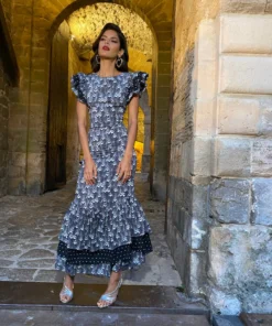 De La Vali Apolonia Black And White Feather Print Ruffled Maxi Dress 9 De La Vali Apolonia Black And White Feather Print Ruffled Maxi Dress