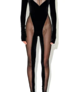 Laquan Smith Off Shoulder Velvet & Sheer Catsuit